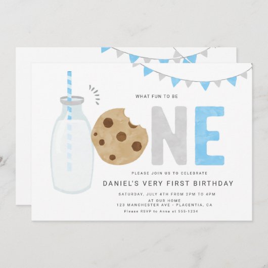 Invitation Petit Milk and Cookies First birthday (Devant / Derrière)
