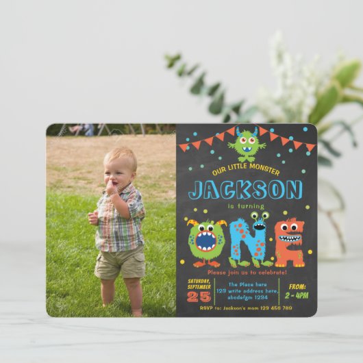 Invitation Petit Monster Chalkboard garçon 1er anniversaire p (Debout devant)