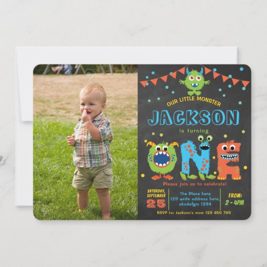 Invitation Petit Monster Chalkboard garçon 1er anniversaire p (Devant)