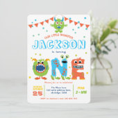 Invitation Petit Monster thème garçon 1er anniversaire (Debout devant)