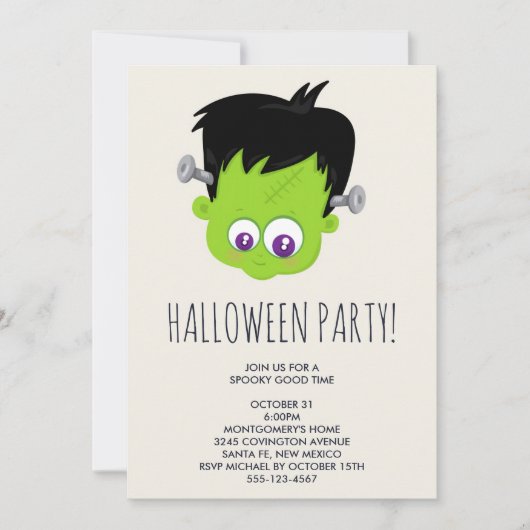 Invitation Petit monstre de Frankenstein vert mignon visage H (Devant)