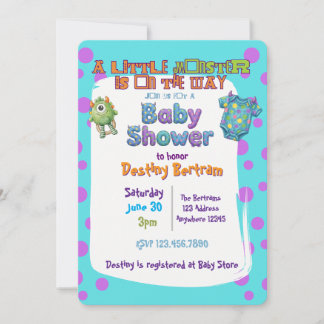 Invitation Petit Monstre en Route, Baby Shower Bleu Violet