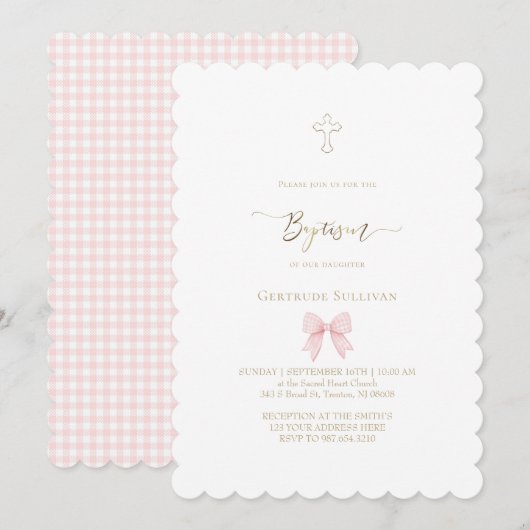 Invitation petit noeud en vichy rose | Baptême (Devant / Derrière)