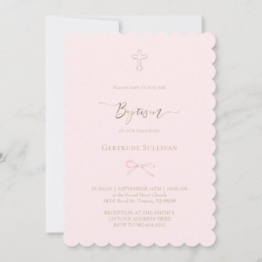 Invitation petit nœud rose | Baptême (Devant)