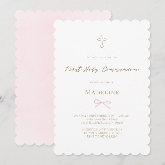 Invitation petit nœud rose fille de première communion (Devant / Derrière)