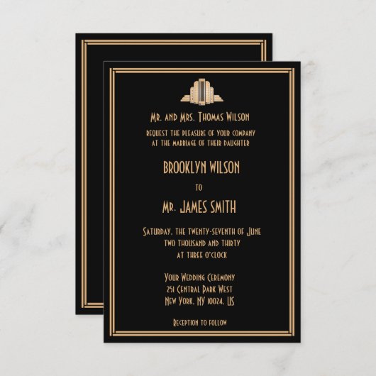 Invitation Petit Noir Art Déco Grand Mariage Gatsby Invite (Devant / Derrière)