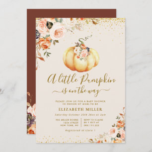 Invitation petit or citrouille et baby shower fleuri