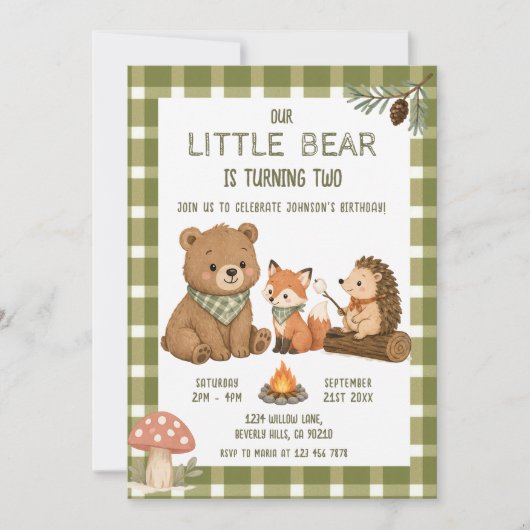 Invitation Petit ours animaux gingham vert anniversaire (Devant)