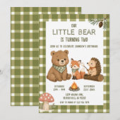 Invitation Petit ours animaux gingham vert anniversaire (Devant / Derrière)