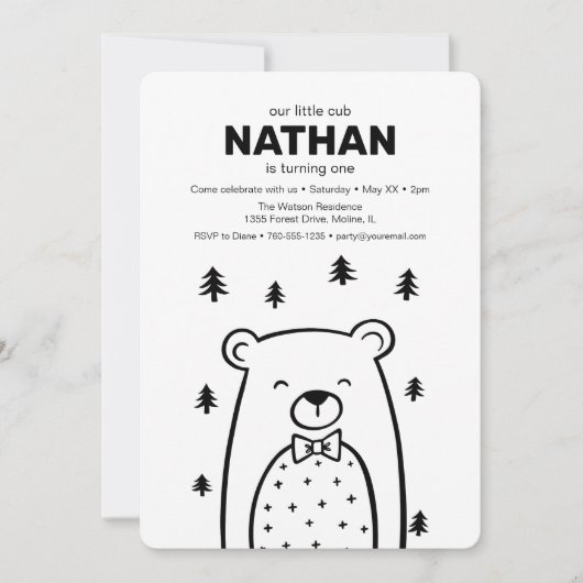 Invitation Petit Ours avec Cravate de Bow en forêt, anniversa (Devant)