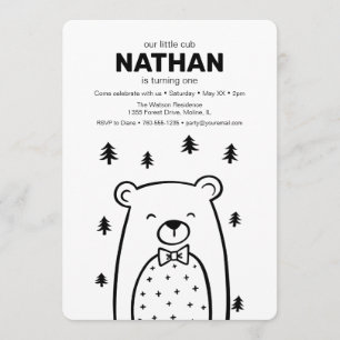 Invitation Petit Ours avec Cravate de Bow en forêt, anniversa