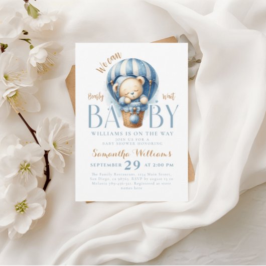 Invitation Petit Ours en Peluche Bleu Ballon Aérien