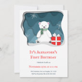 Invitation Petit Ours Polaire avec Rouge Présent Premier Anni (Devant)