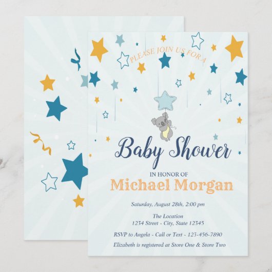 Invitation Petit Ourson, Étoiles (Devant / Derrière)