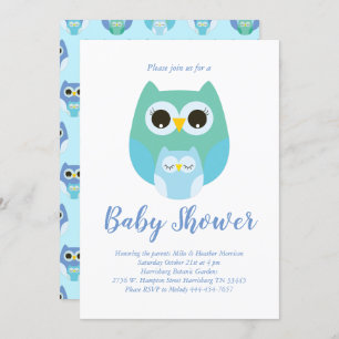 Invitation Petit Owl Baby shower Bleu Bird Boy
