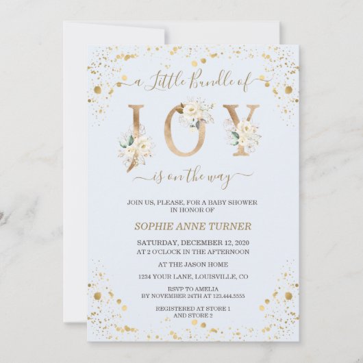 Invitation Petit Pack D'Or Joy Baby shower Floral Blanc (Devant)