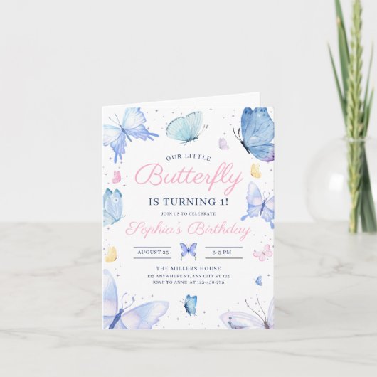 Invitation Petit Papillon 1er Anniversaire Papillon pourpre (Devant)