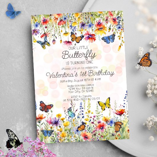 Invitation Petit Papillon coloré Fleur sauvage Anniversaire
