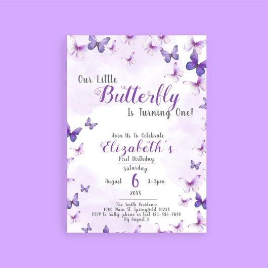 Invitation Petit Papillon Fille Violette Premier Anniversaire