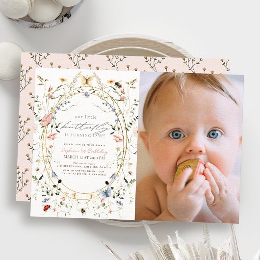 Invitation Petit Papillon Fleur sauvage Bee Photo 1er anniver