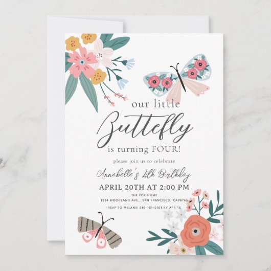 Invitation Petit Papillon Floral Girl Anniversaire (Devant)