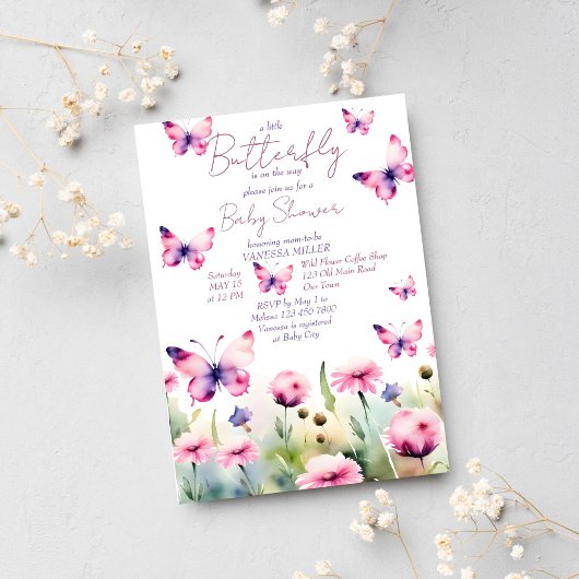 Invitation Petit papillon pastel lilas baby shower rose
