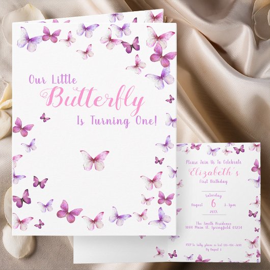 Invitation Petit Papillon Premier anniversaire fille rose