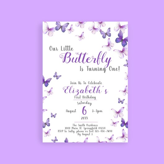 Invitation Petit Papillon Purple Girl Premier anniversaire