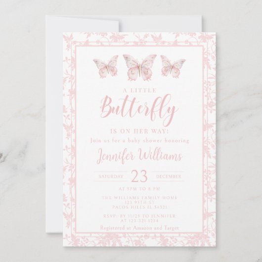 Invitation Petit papillon rose fleuri bébé douche (Devant)