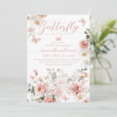 Invitation Petit Papillon rose Floral Baby Girl Douche (Debout devant)