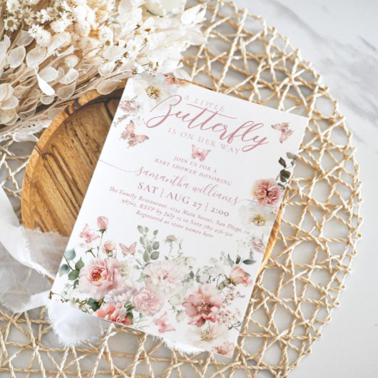 Invitation Petit Papillon rose Floral Baby Girl Douche
