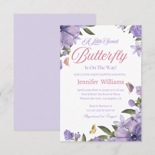 Invitation petit papillon rose violet baby shower floral (Devant / Derrière)