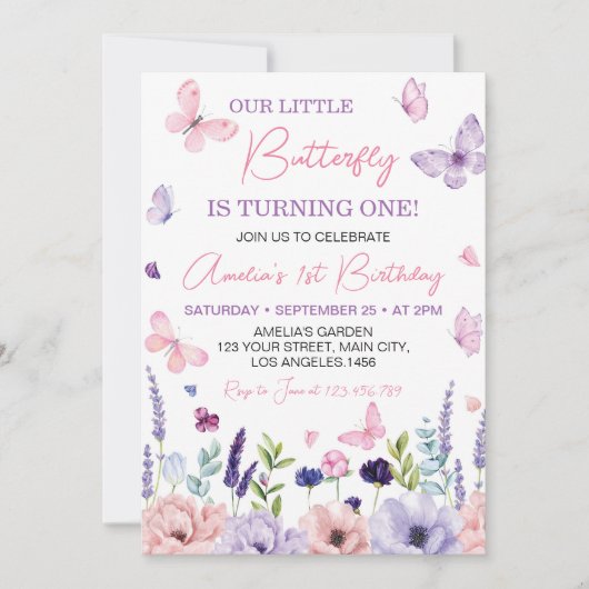 Invitation Petit Papillon rose violet fleuri Anniversaire (Devant)
