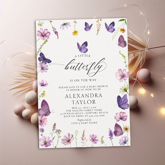Invitation Petit Papillon sauvage violet rose bébé fille Douc