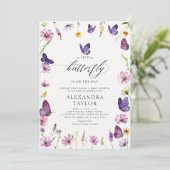 Invitation Petit Papillon sauvage violet rose bébé fille Douc (Debout devant)