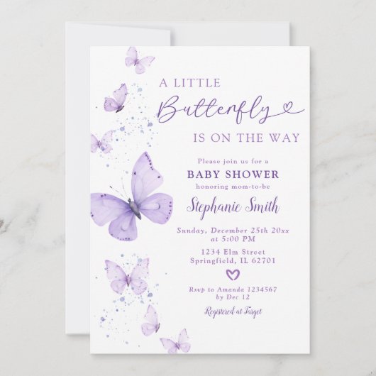Invitation Petit Papillon Sur Le Chemin Baby shower Lilac (Devant)