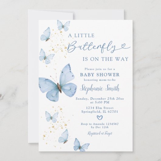 Invitation Petit Papillon Sur Le Chemin Baby shower Or Bleu (Devant)
