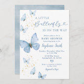 Invitation Petit Papillon Sur Le Chemin Baby shower Or Bleu (Devant / Derrière)
