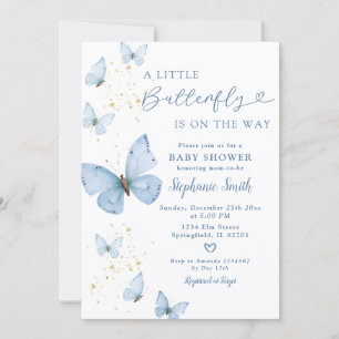 Invitation Petit Papillon Sur Le Chemin Baby shower Or Bleu