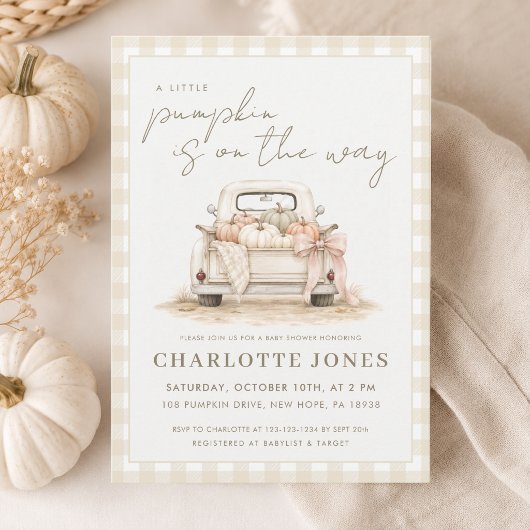 Invitation Petit Patch de Citrouille Camion Gingham Baby Show