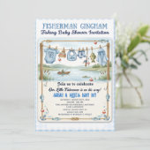 Invitation Petit pêcheur bleu gingham garçon pêcheur (Debout devant)
