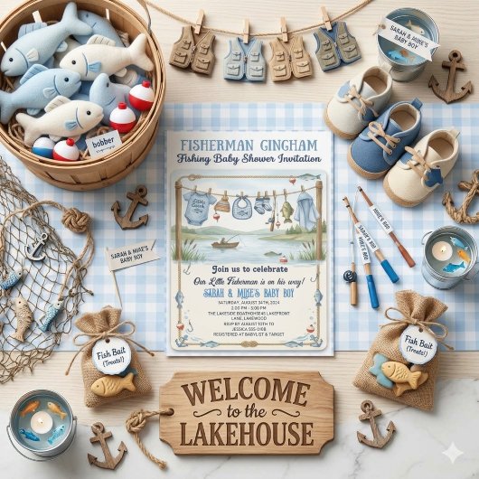 Invitation Petit pêcheur bleu gingham garçon pêcheur