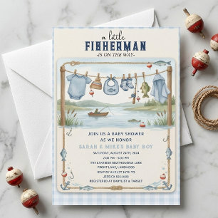 Invitation Petit Pêcheur Gingham Bleu Garçon Pêcheur