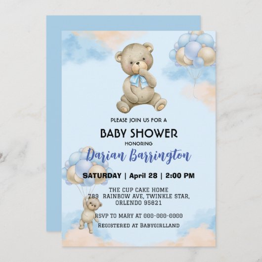 Invitation Petit peluche Bear dégradé ballon bébé douche garç (Devant / Derrière)
