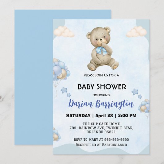 Invitation Petit peluche Bear dégradé ballon bébé douche garç (Devant / Derrière)