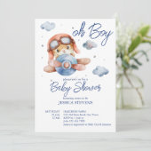 Invitation Petit petit baby shower d'avion pilote (Debout devant)
