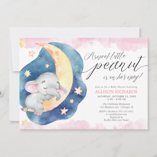 Invitation Petit petit baby shower de lune d'éléphant de caca (Devant)