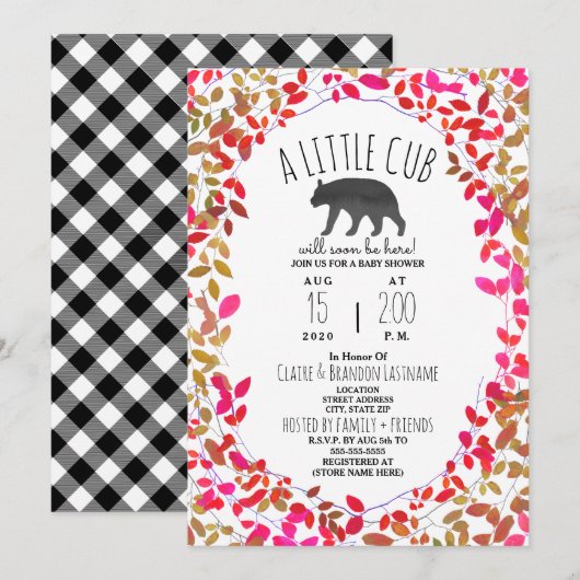 Invitation Petit Petit Cub Girly Greenery Plaid Baby shower (Devant / Derrière)