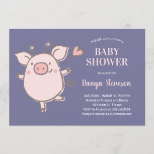Invitation Petit Piggy Au Baby shower Violet Rose Balloon