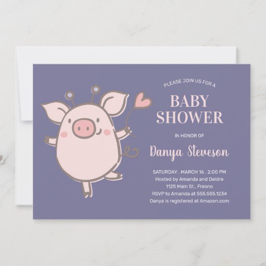 Invitation Petit Piggy Avec Balloon Rose Baby shower Violet (Devant)